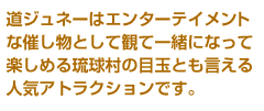 道ジュネーはエンターテイメントな催し物として観て一緒になって楽しめる琉球村の目玉とも言える人気アトラクションです。