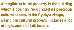 Tangible cultural property is building which country detected as precious cultural assets. In RyukyuMura, tangible cultural property includes a lot of registered old folk houses. When we touch treasure house of culture, how about?