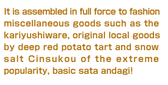 It is array to deep red potato tart and snow salt chinsuko of extreme popularity, basic nosataandagikara, fashion miscellaneous goods such as kariyushiware, original local goods!