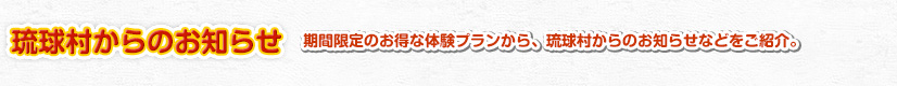 期間限定のお得な体験プランから、琉球村からのお知らせなどをご紹介。